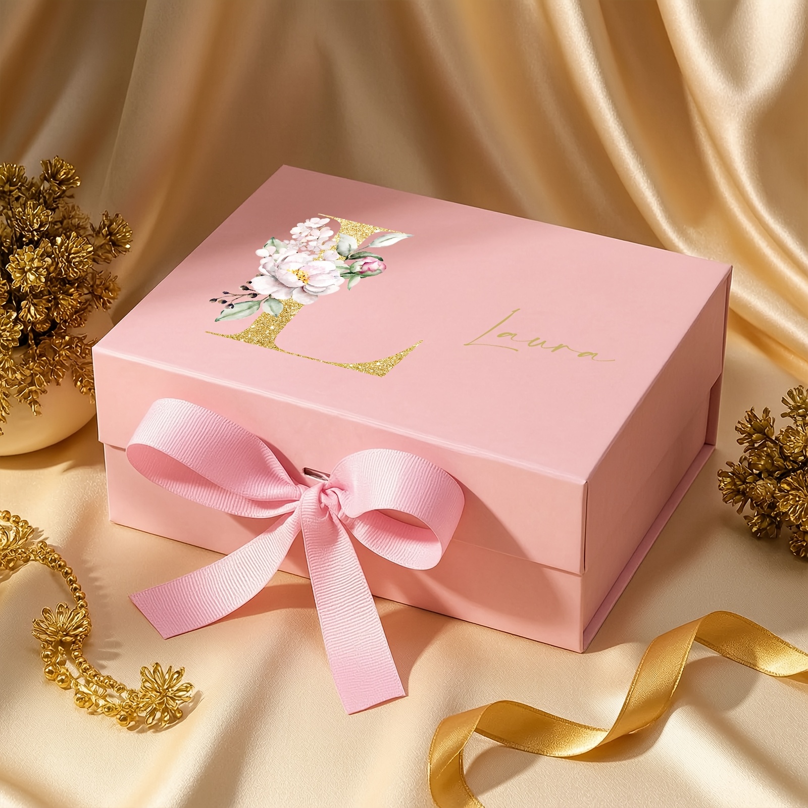Custom Name Gift Box with Floral Letter Design for Bridesmaids